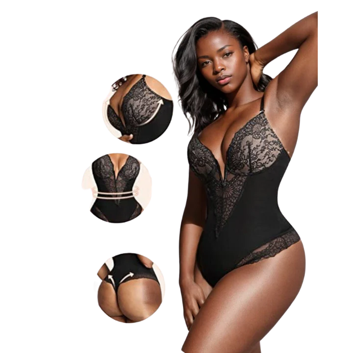 Deep-V Neck Lace Thong Bodysuit