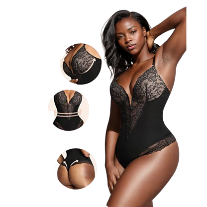 Deep-V Neck Lace Thong Bodysuit