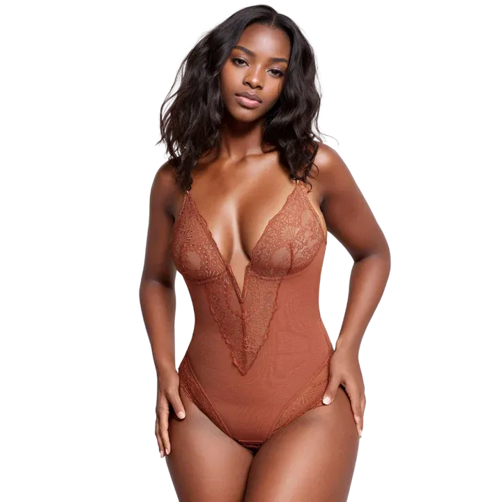 Deep V Neck Lace Thong Bodysuit for Women