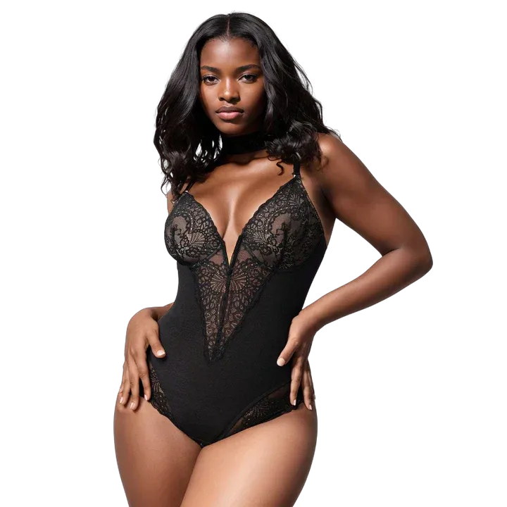 Deep V Neck Lace Thong Bodysuit for Women