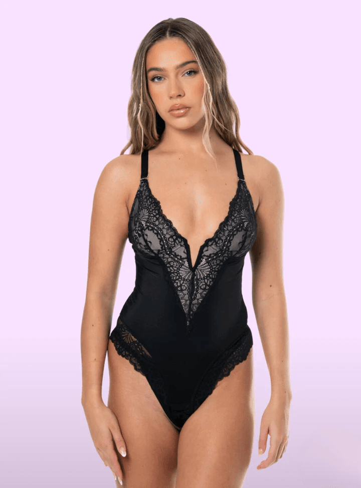Deep V Neck Lace Thong Bodysuit for Women