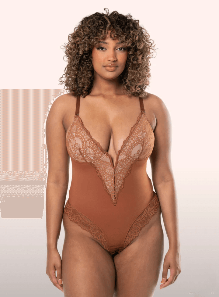Deep V Neck Lace Thong Bodysuit for Women