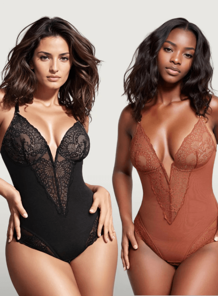Deep V Neck Lace Thong Bodysuit for Women